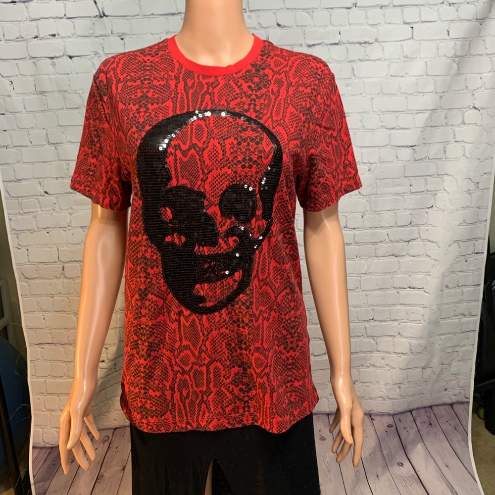 INC Snake print red top with beaded skull International Concepts size XS